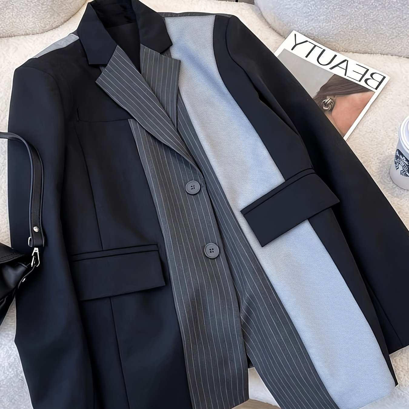 TEMU Women's Black And Gray Vertical Stripe Contrast Color Suit Jacket, Loose Fit With Lapel, Niche High-end Feel For Commuting And Casual Wear