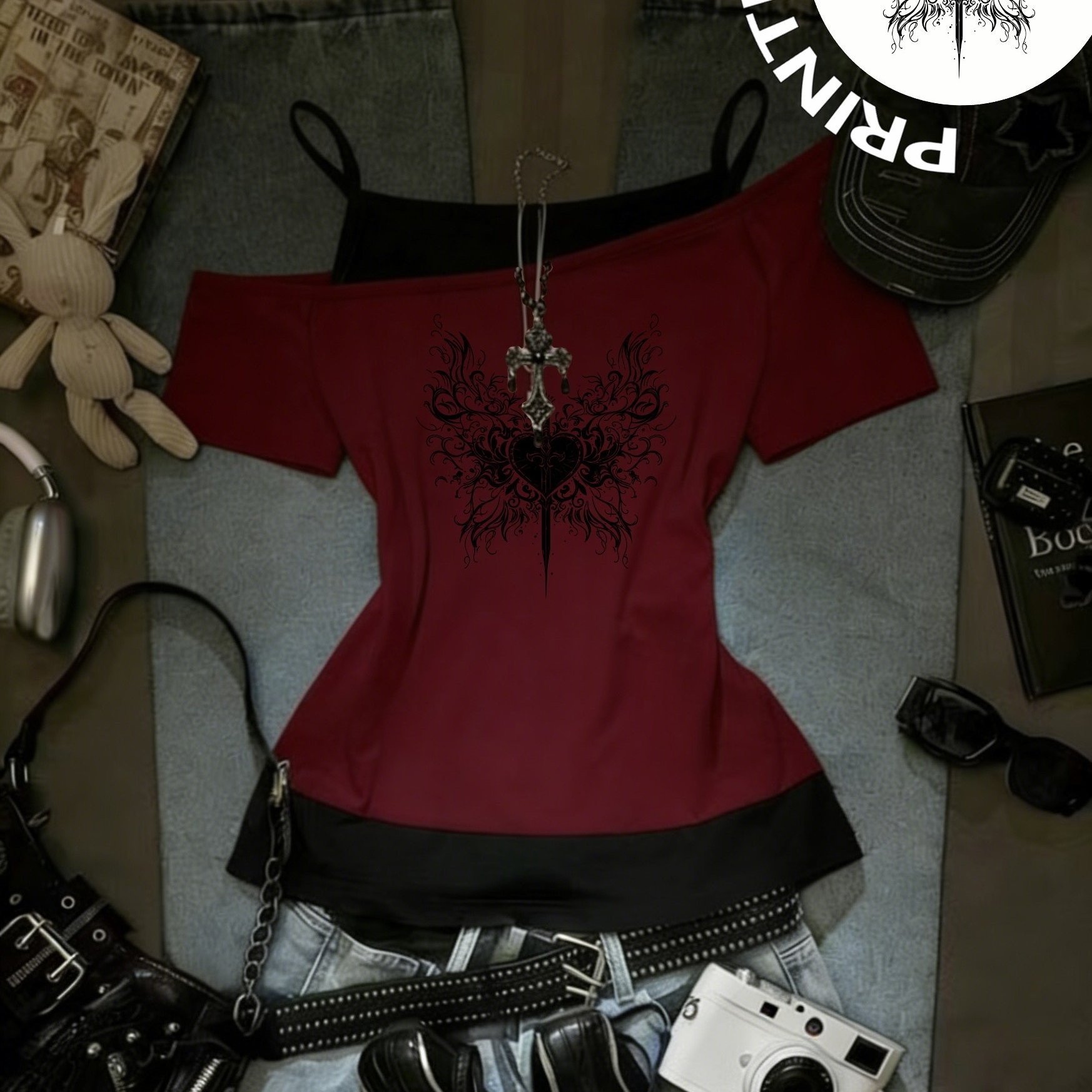 TEMU 1pc Spring/summer Women's Fashion 2-in-1 Look Off-shoulder T-shirt, Y2k Gothic Heart-shaped Sword Print, Style For Dates / Art Exhibitions /
