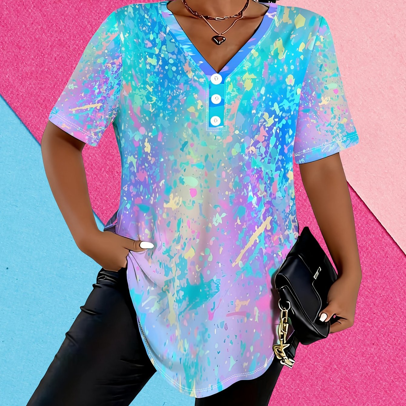 TEMU Three-button V-neck Plus-size Women's Short-sleeve T-shirt, Summer Blue-purple Ink Splatter Gradient Comfortable Top, Concealing Figure T-shirt