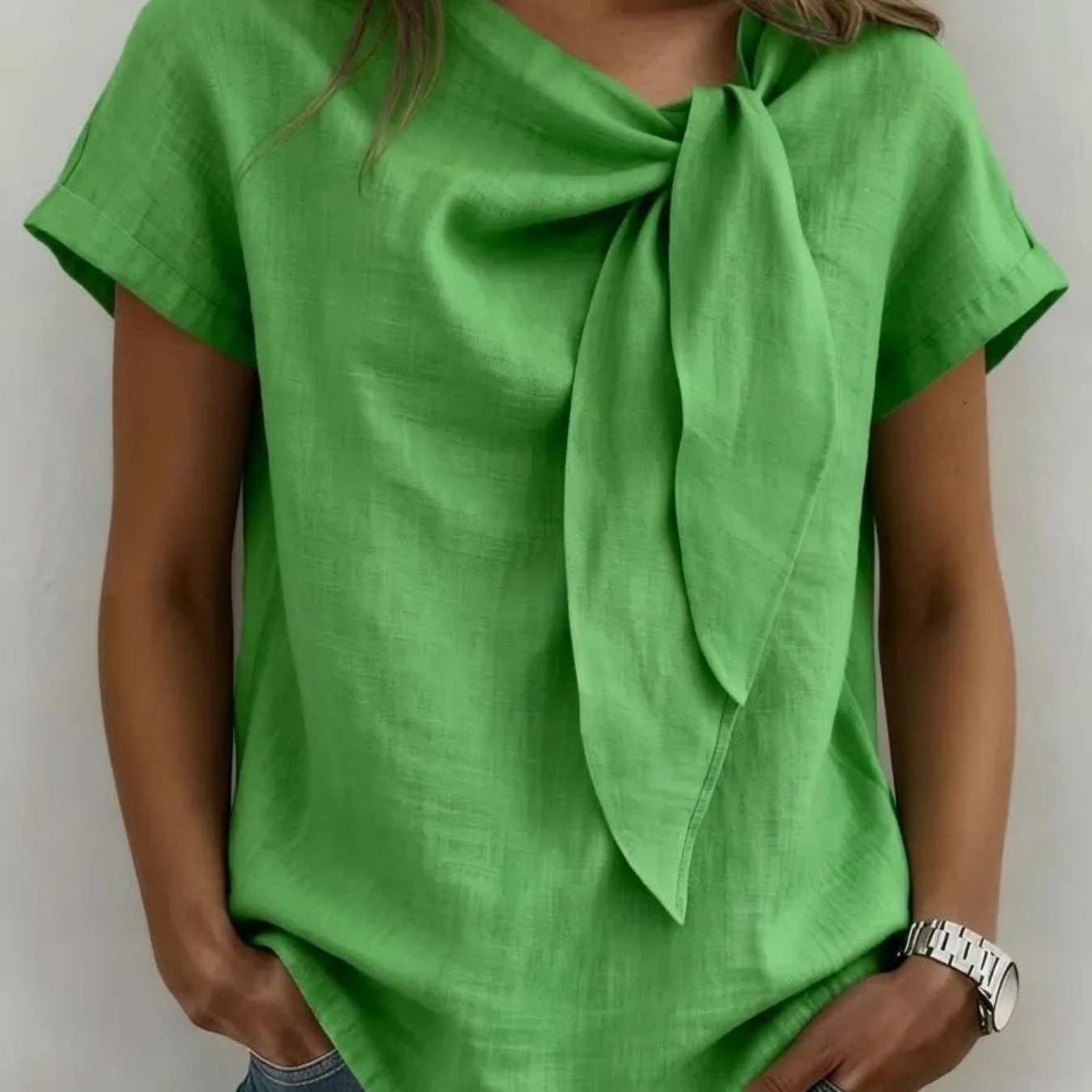 Image of Women's Elegant Business Casual Short Sleeve Shirt- Round Neck Slit Collar Top, Solid Color Short Sleeve Suitable For Office, Semi-formal Wear, Spring Summer Fall Outfits