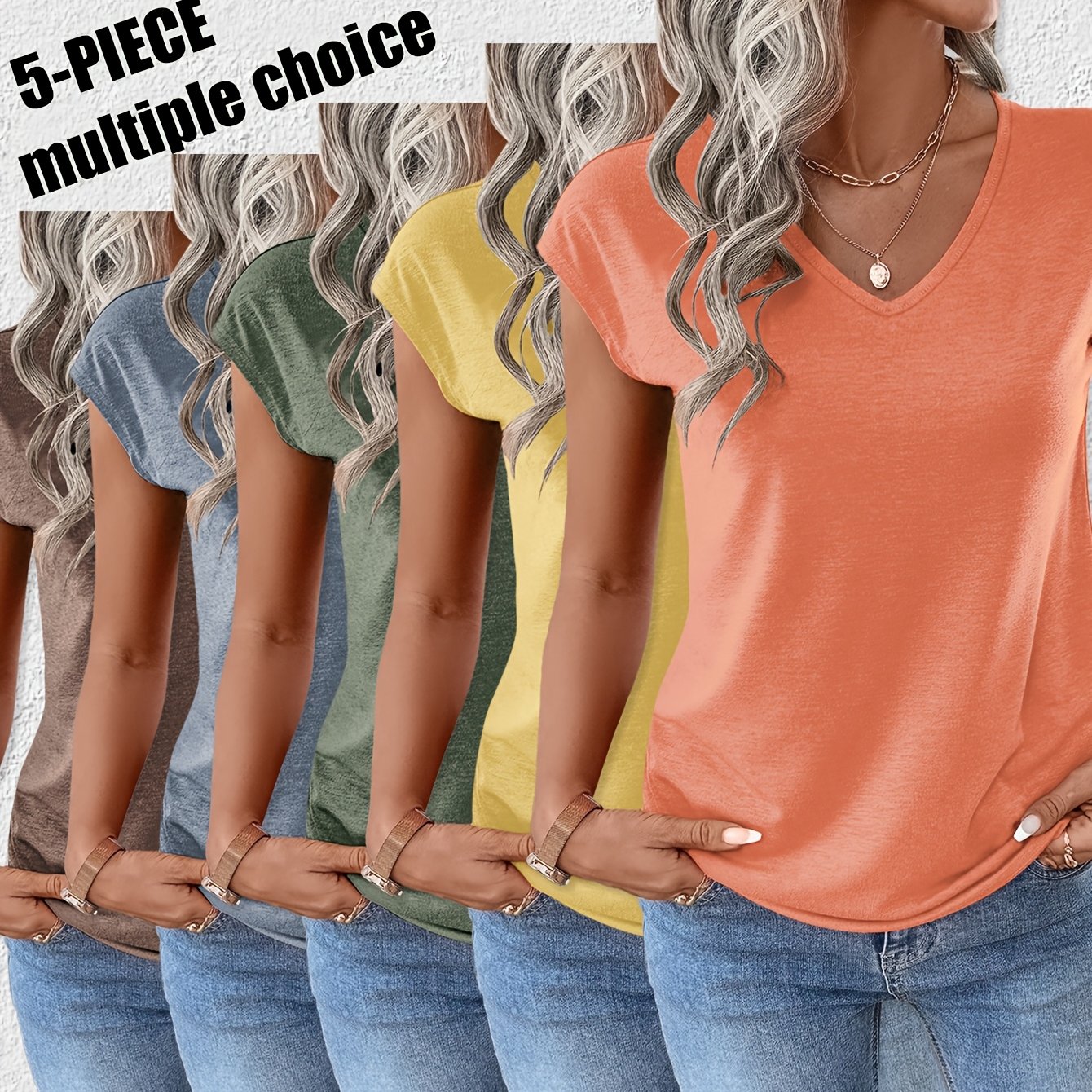 TEMU Set Of 5 - New Summer Casual Fashion Solid Color Cap Sleeve V-neck T-shirt Set Of 5 A45 Set Of 5
