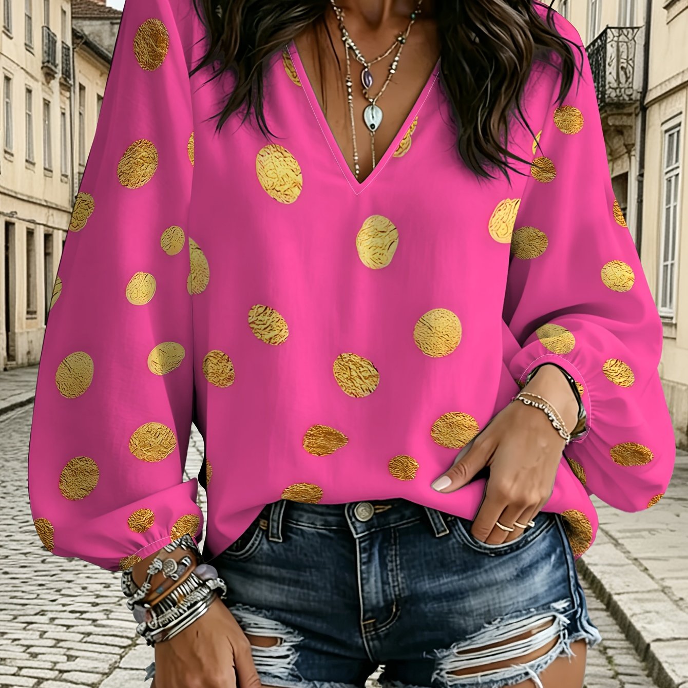 TEMU Fashion Casual Women's Long Sleeve Cinched V-neck Top, Rose Pink With Golden Texture Polka Dot, Light -catching Vacation Outfit