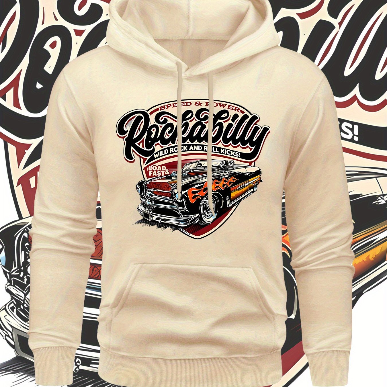 TEMU Rock Flame Car" Print Men's Casual Hoodie Long Sleeve Pullover, Front Pocket, Machine Washable, Autumn/winter Warm Sweatshirt, Daily Pullover,