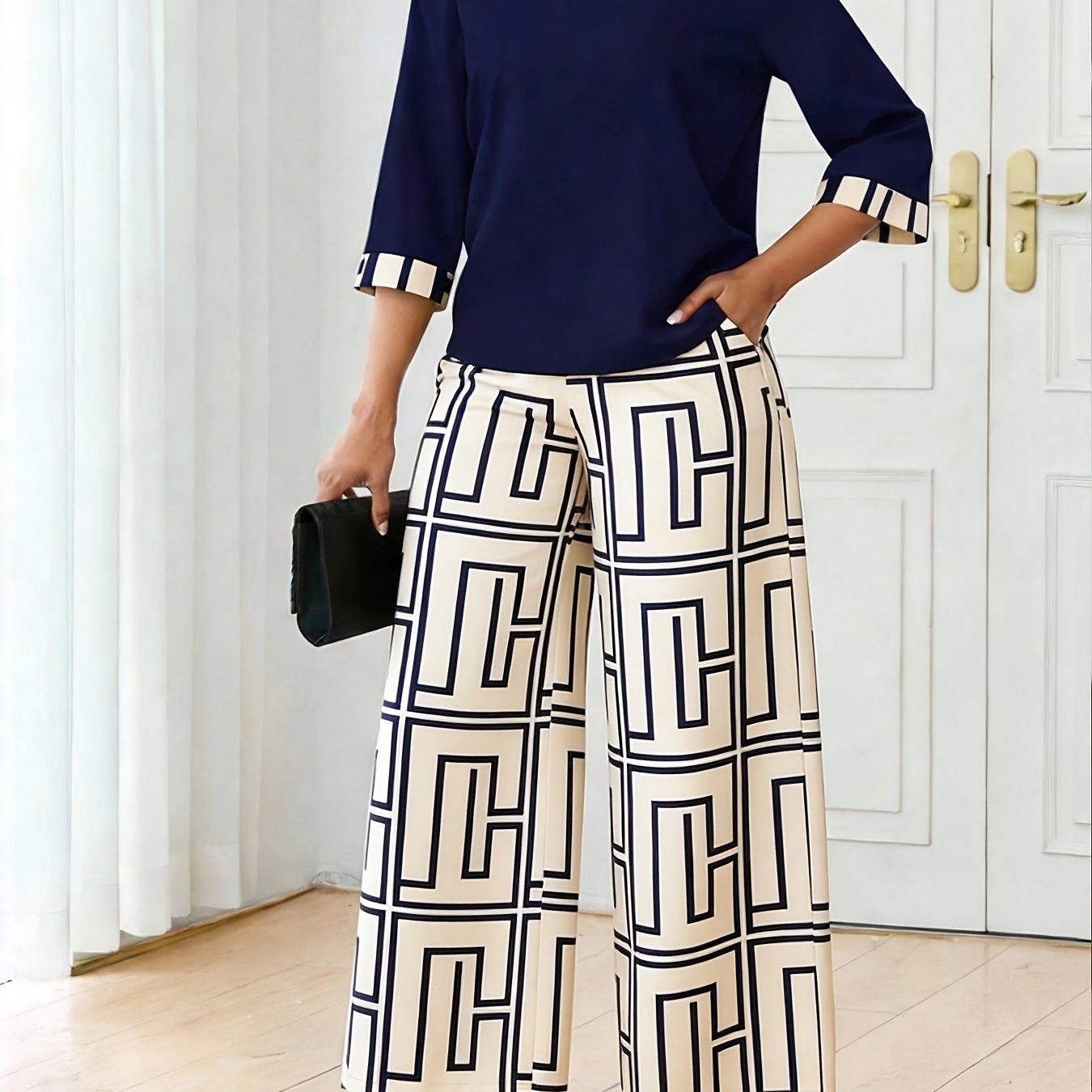 TEMU Completo da blu stampa a blocchi di , set due pezzi in stile e americano, top a maniche 3/4 e pantaloni a larga, completo casual blu navy e