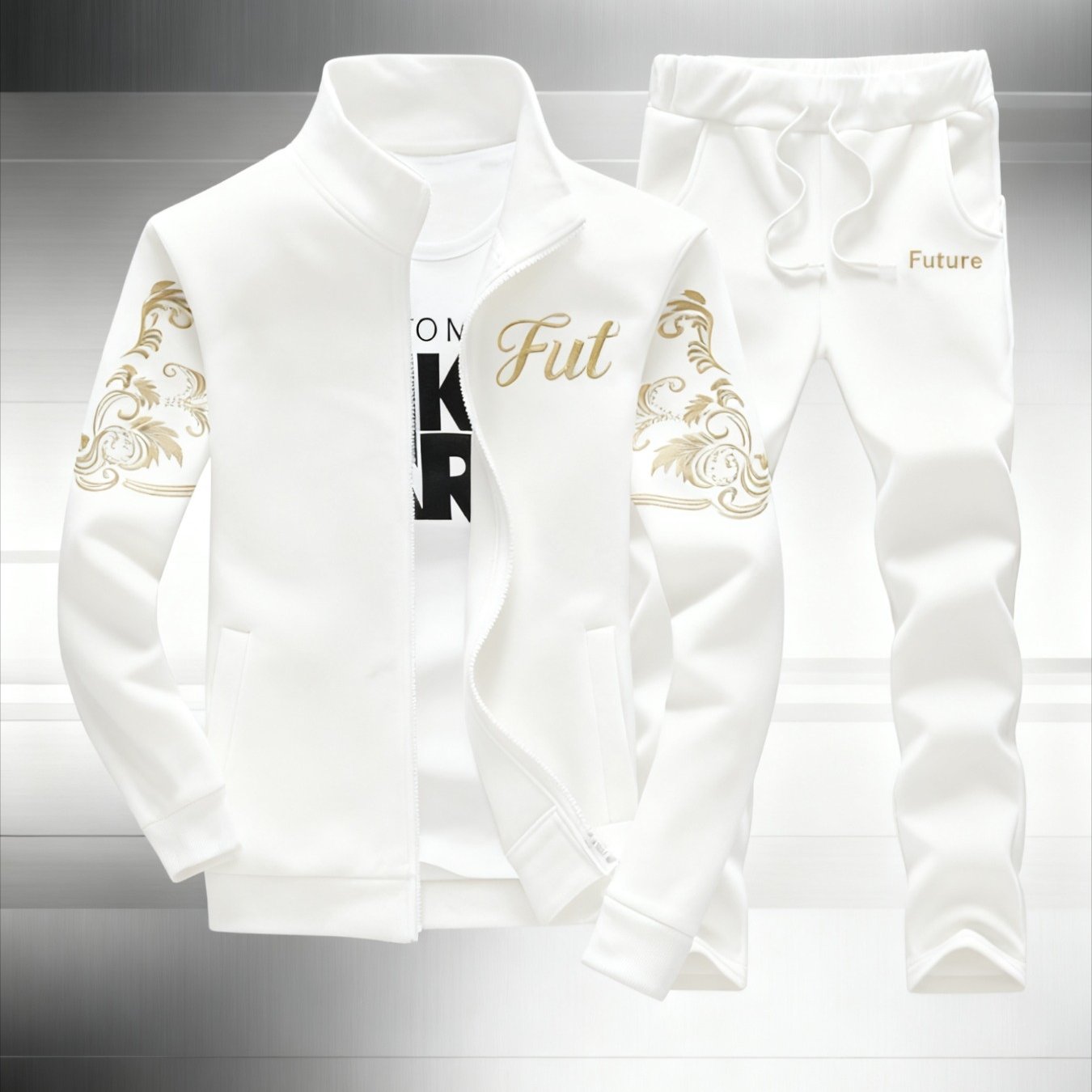 Image of Teenagers Future Golden Floral Embroidery Tracksuit, Zip Stand Collar Jacket+ Drawstring Jogger Pants 2pcs Outfit, Perfect For Outdoor, For Teenager