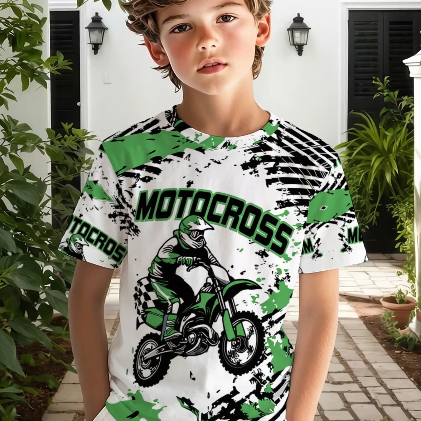 TEMU T-shirt d'extérieur décontracté de sport à col rond et manches courtes, motif de moto hors route MOTOCROSS, T-shirt imprimé en 3D, tissu