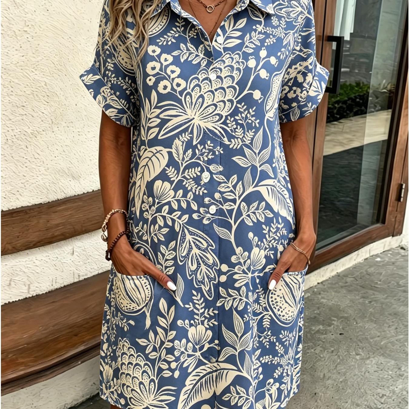 Image of Women's Summer Shirt Dress Leaf Floral Print Elegant And Sophisticated Suitable For Button- 2 Pockets Machine Washable Perfect For Vacations Casual Wear Casual Attire Or As A Gift