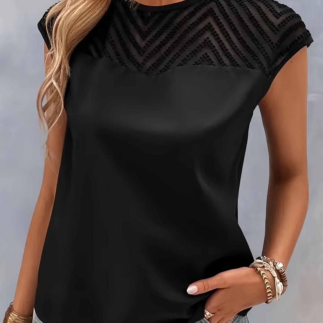 TEMU Contrast Mesh Crew Neck Solid Blouse, Casual Short Sleeve Blouse For Spring & Summer, Women's Clothing