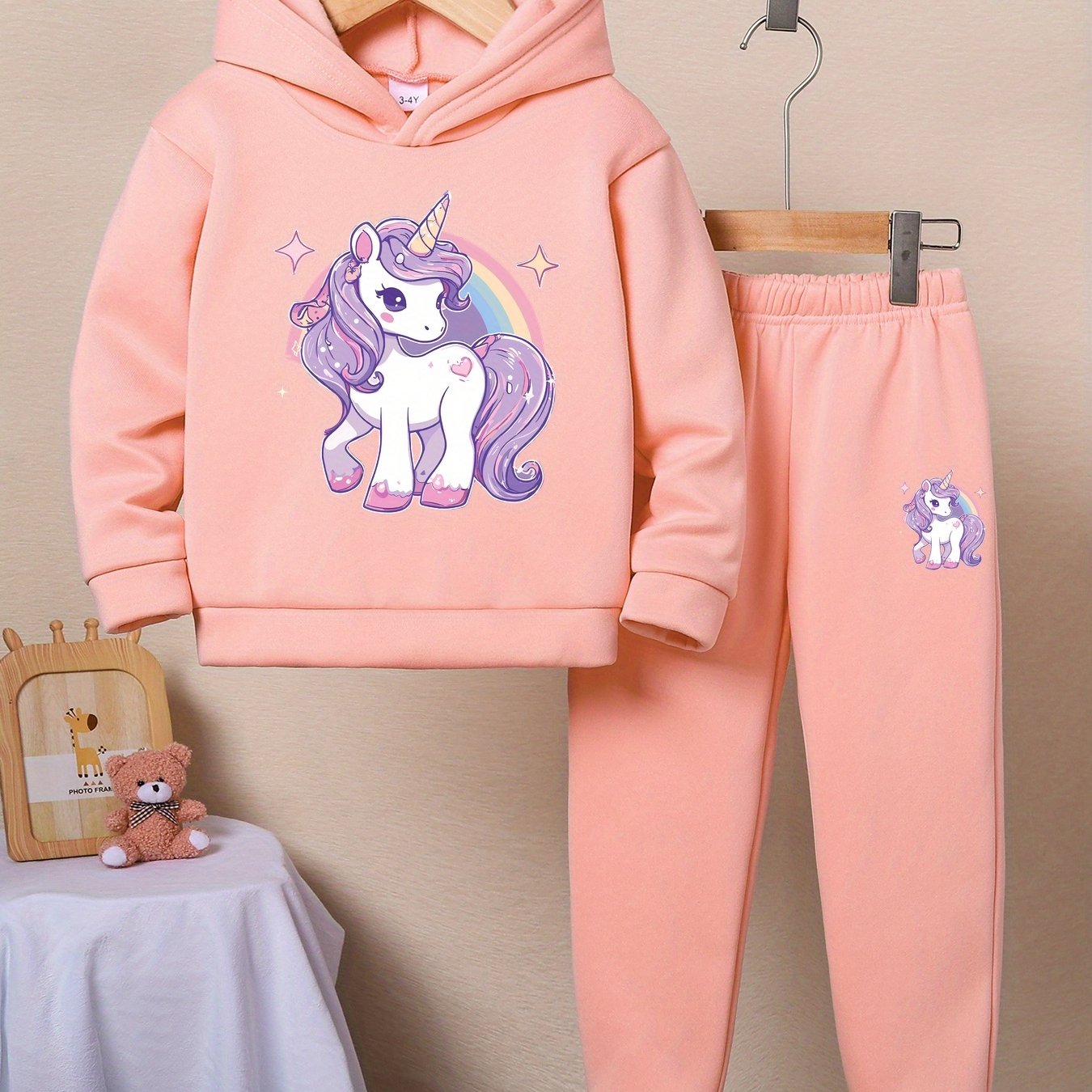 Girls' Unicorn Pattern Long-Sleeve Hoodie and Pants Set