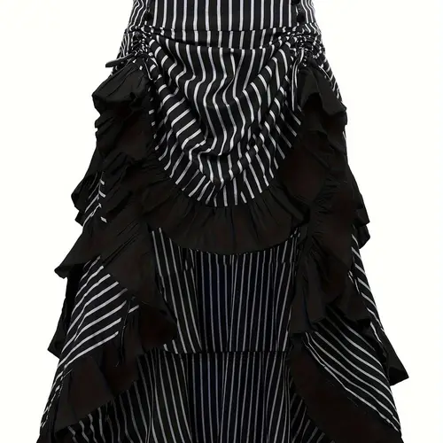 1pc elegant striped polyester skirt for women spring woven high low hem with ruffle detail