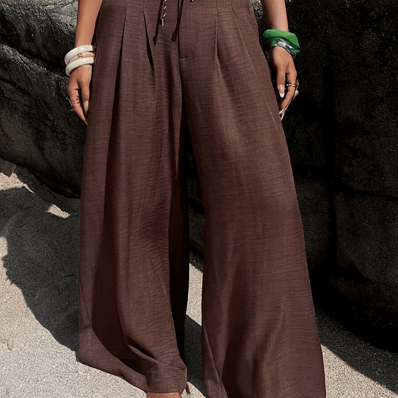 E-shop Damen-Langenhose, Frühling/Sommer-Stil, mit Kordelzug, lässig, mit hoher Taille, einfarbig, plissierte Hose mit weitem Bein, Damenhose NS702