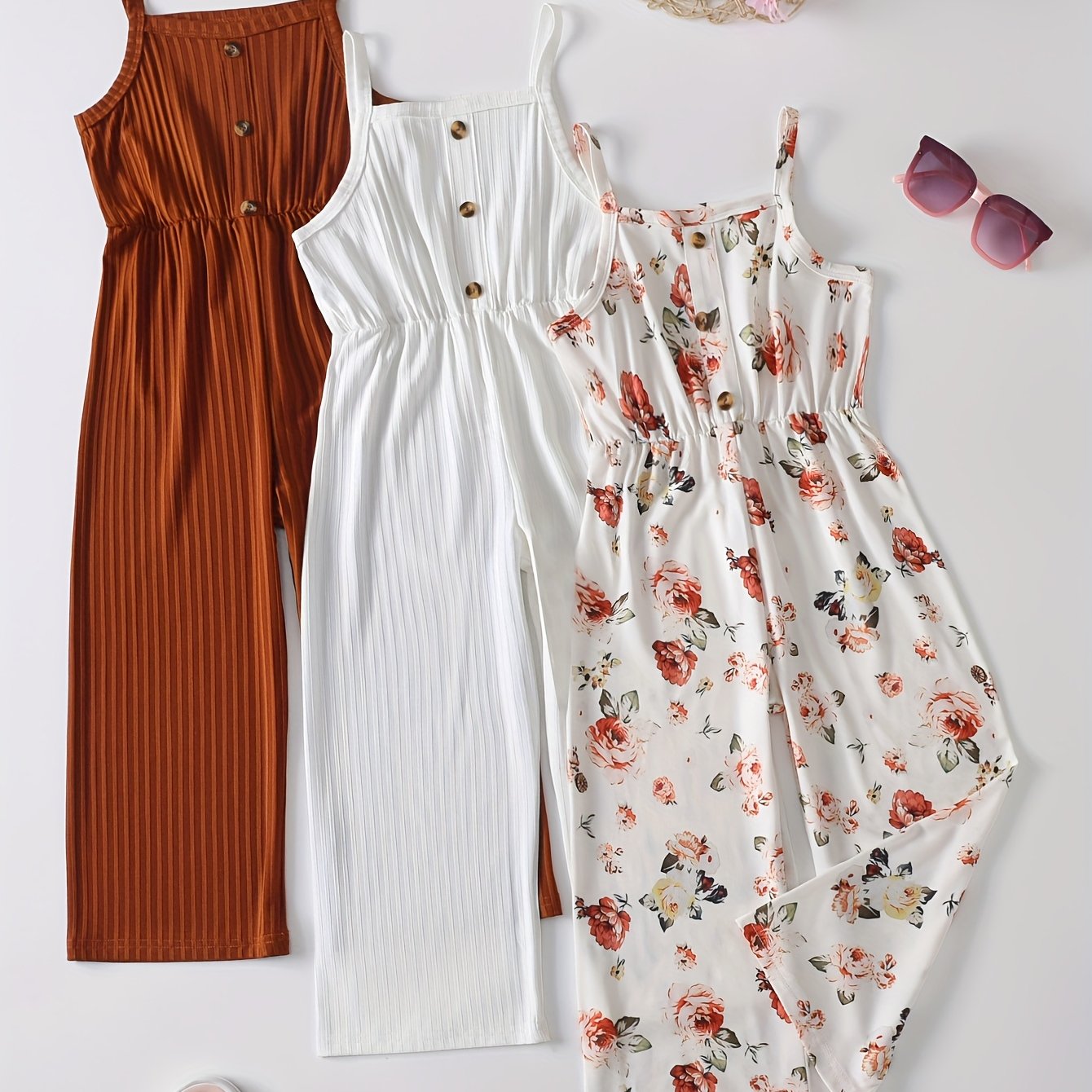 Image of 3pcs Set Young Girl Fashion Solid Color Floral Print Button Decoration Casual Suspender Jumpsuit Comfortable Jumpsuit Suitable For Going Out And School Spring And Autumn/summer, For Outdoor
