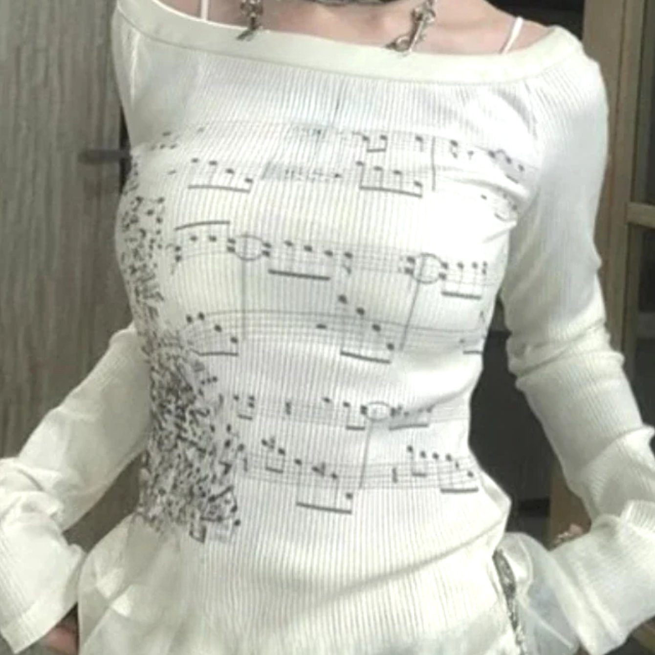E-shop Y2K Koreanischer Stil Casual Mode Rundhals Langarm Top mit Notenprint für Damen
