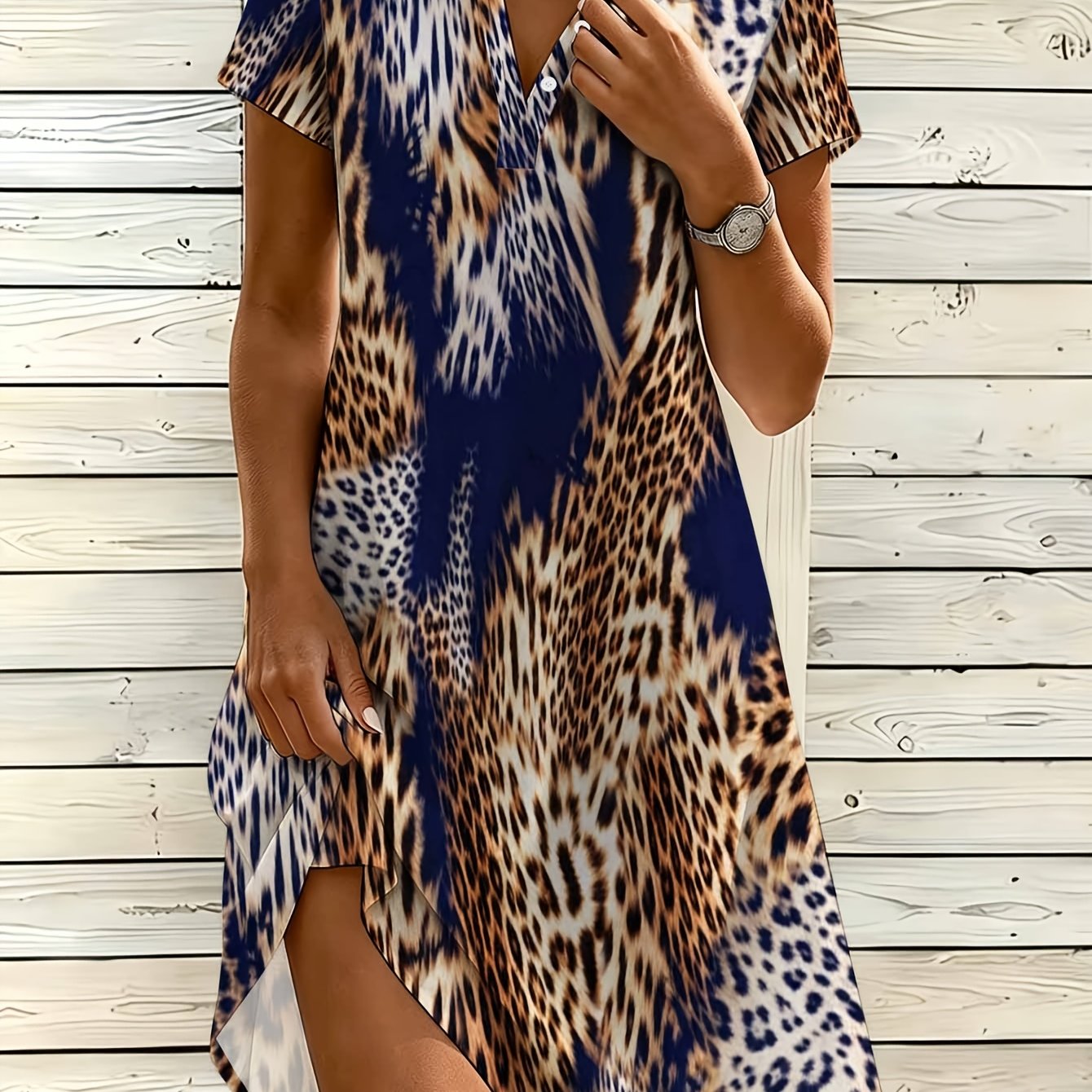 Image of Women's Fashion Shirt Dress, V-neck Button Dress, Leopard Print