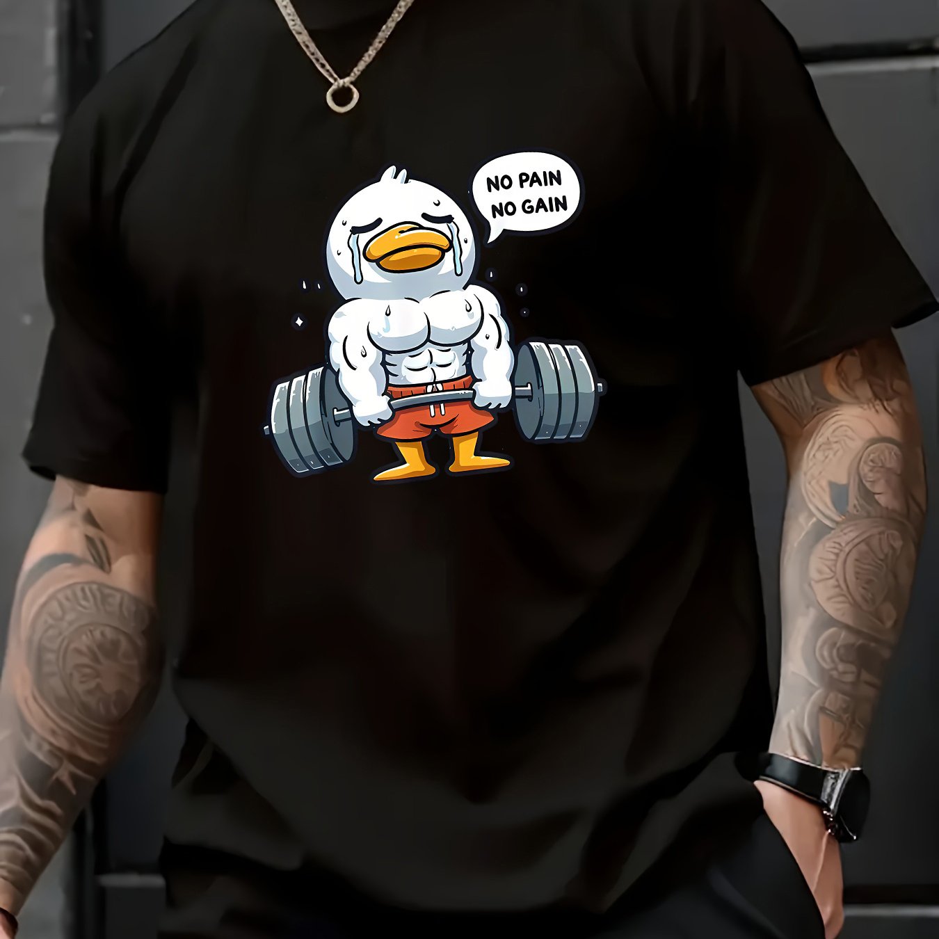 TEMU Men's Cotton Crew Neck T-shirt With Cartoon Duck Graphic, Regular Fit, Knit Fabric, Short Sleeve Casual Weekend Tee With Slight Stretch For Summer - "no Pain No Gain" Print