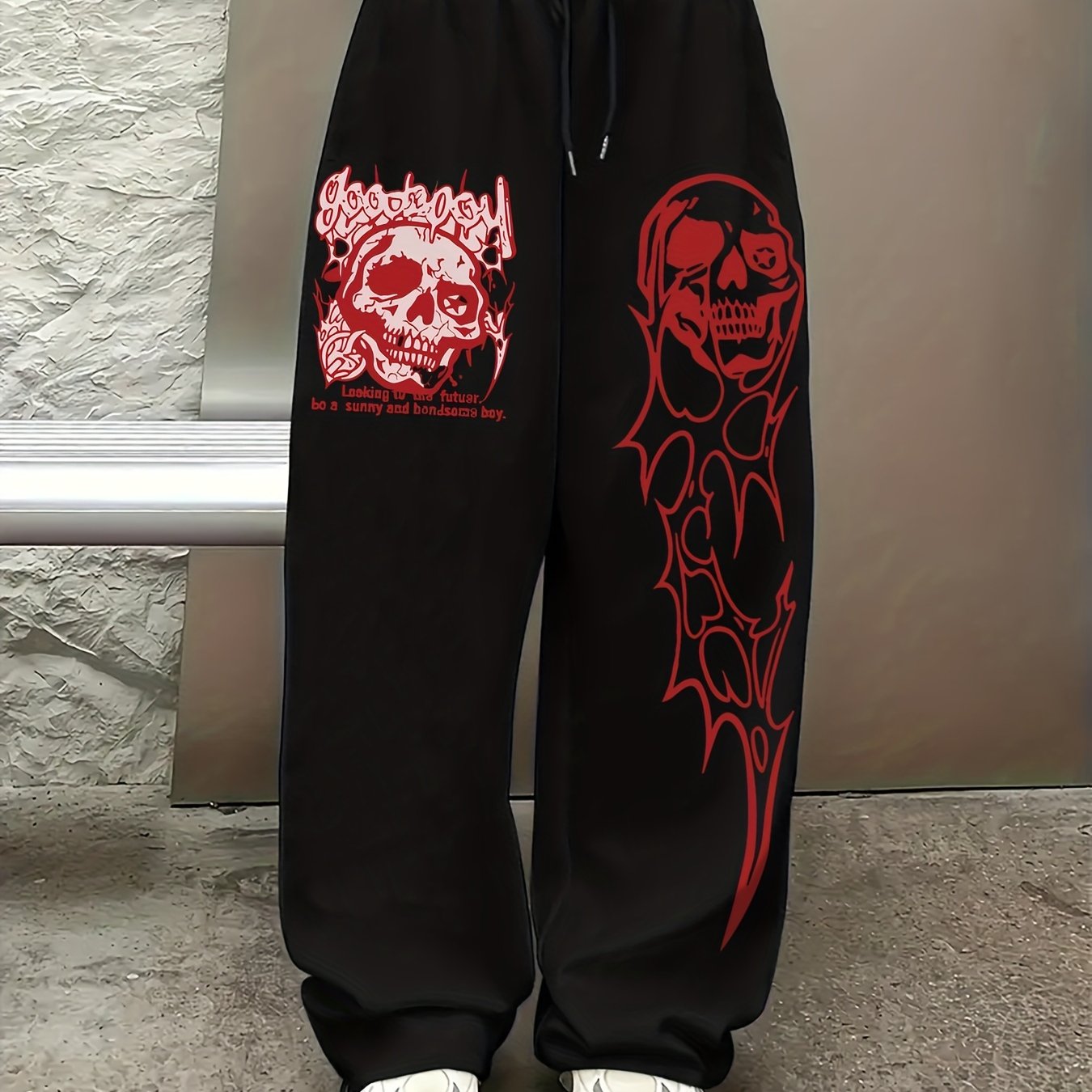 TEMU Skull Print Trousers, Women's Casual Athletic Sweatpants, Drawstring Straight Athletic Long Pants