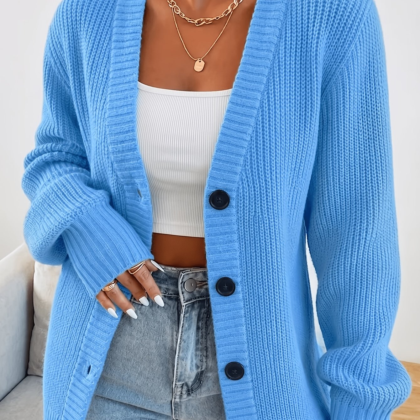 TEMU Cardigan pull décontracté élégant et tendance pour femme, couleur unie, à manches longues, boutonné et à col en V, pour /