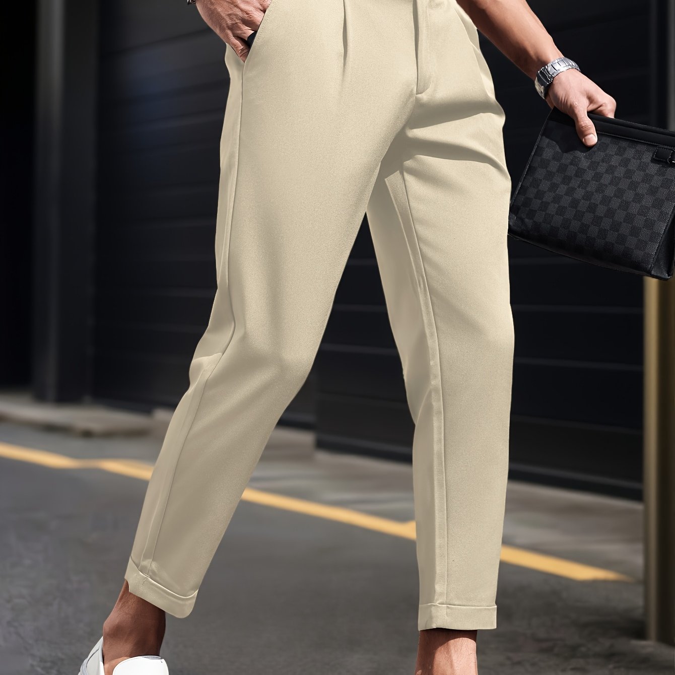 Image of Men' Color Slant Pocket Suit Ankle Pants. Regular Waist, Comfortable For , Casual Business Wear, Slim Fit Casual Trousers With Side Waist Loops (pockets By Unstitching)