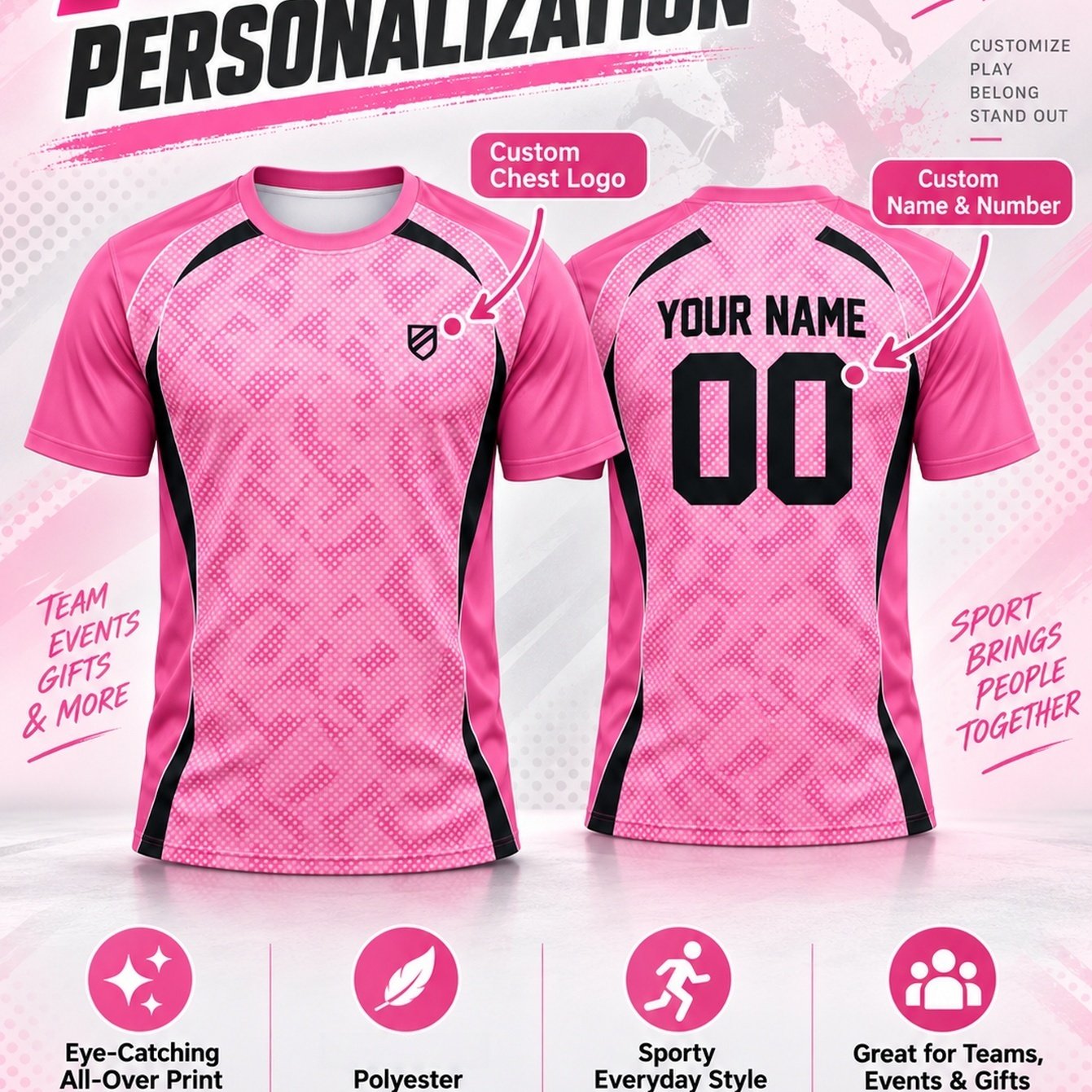 TEMU Custom Pink And Black Polka Dot T-shirt For Men, Colorblock , Personalized Name And Number, Casual Athletic Jersey For , Matches, Squad Events,
