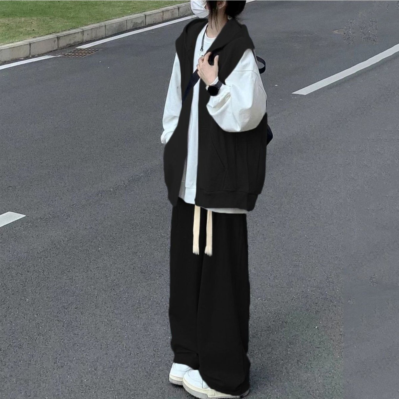 TEMU 春秋用 ジャケット レディース フード付きベスト＋ルーズスウェットシャツ ワイドレッグパンツ