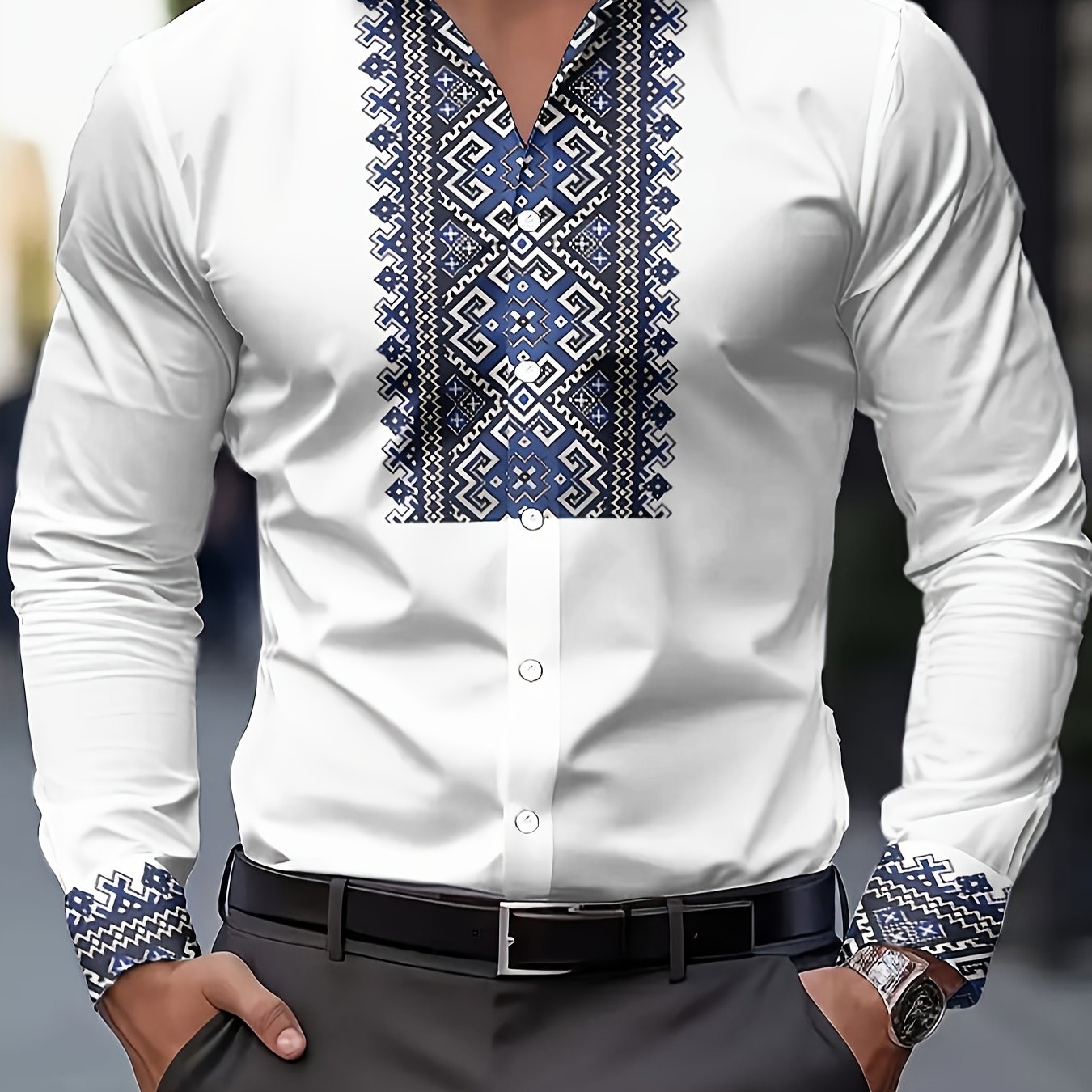 TEMU Christmas Stylish Minimalist Men&;s Long-sleeve Casual Lapel Shirt With Ethnic Print, Versatile For Dates And Formal Occasions, Perfect For