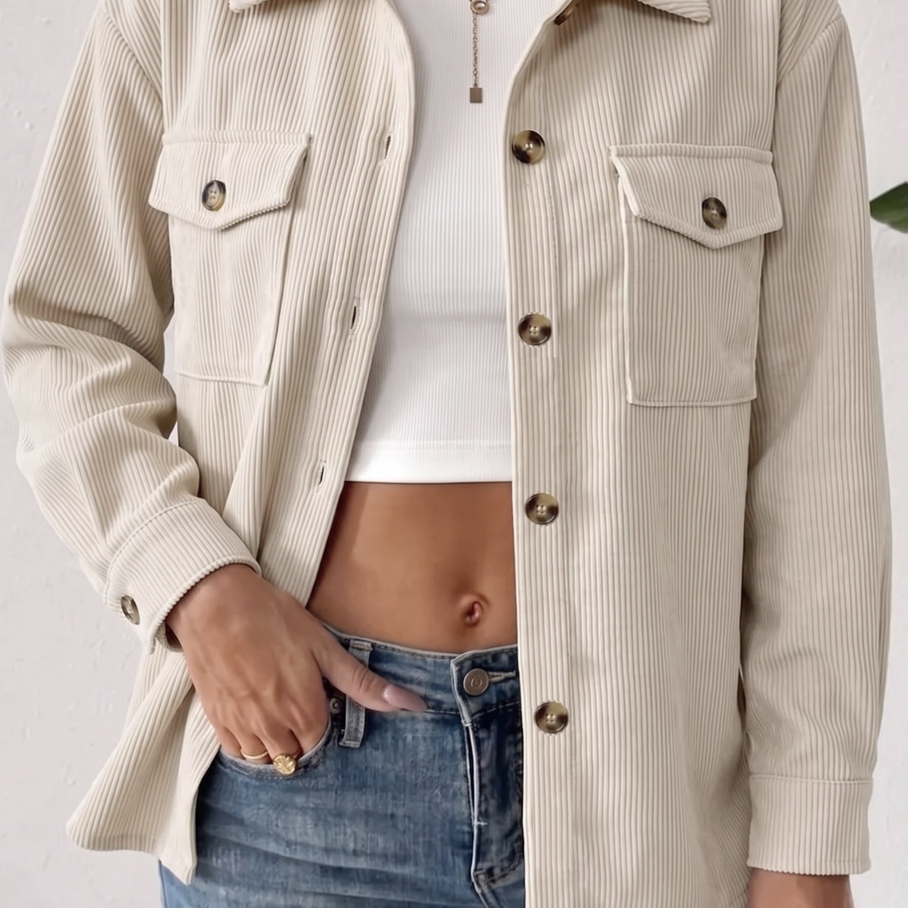 TEMU Women's Casual Corduroy Shirt-style Outerwear, Loose Fit, Long Sleeve Button-up Jacket With Pockets And Lapel, For Spring, Autumn, And Winter