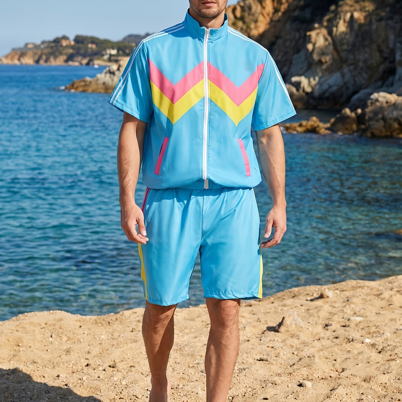 Men's 80s Workout Costume, Retro Color Block Sports Outfit