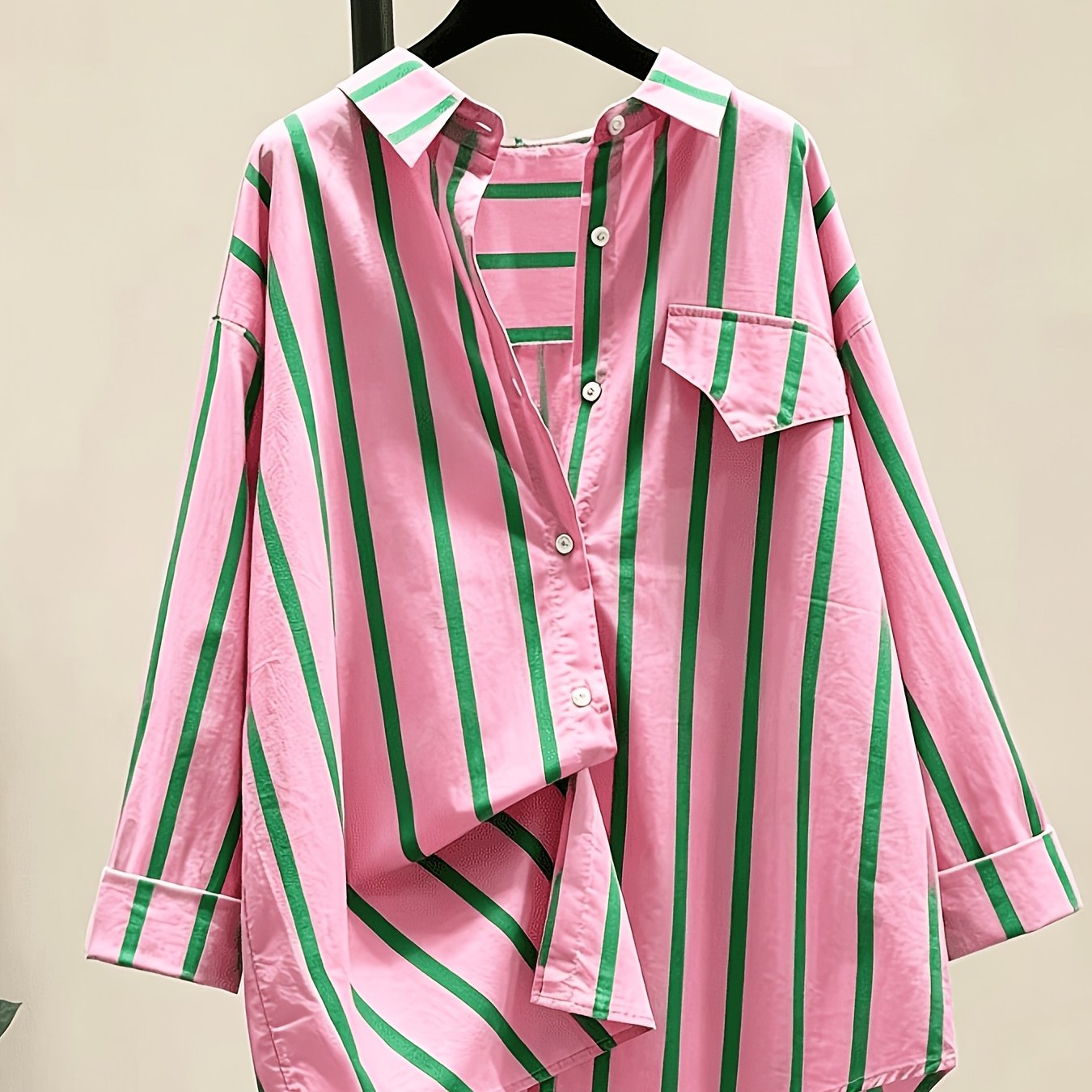 TEMU New Women's Colorblock Striped Long Sleeve Loose Fit Casual Mid-length Shirt