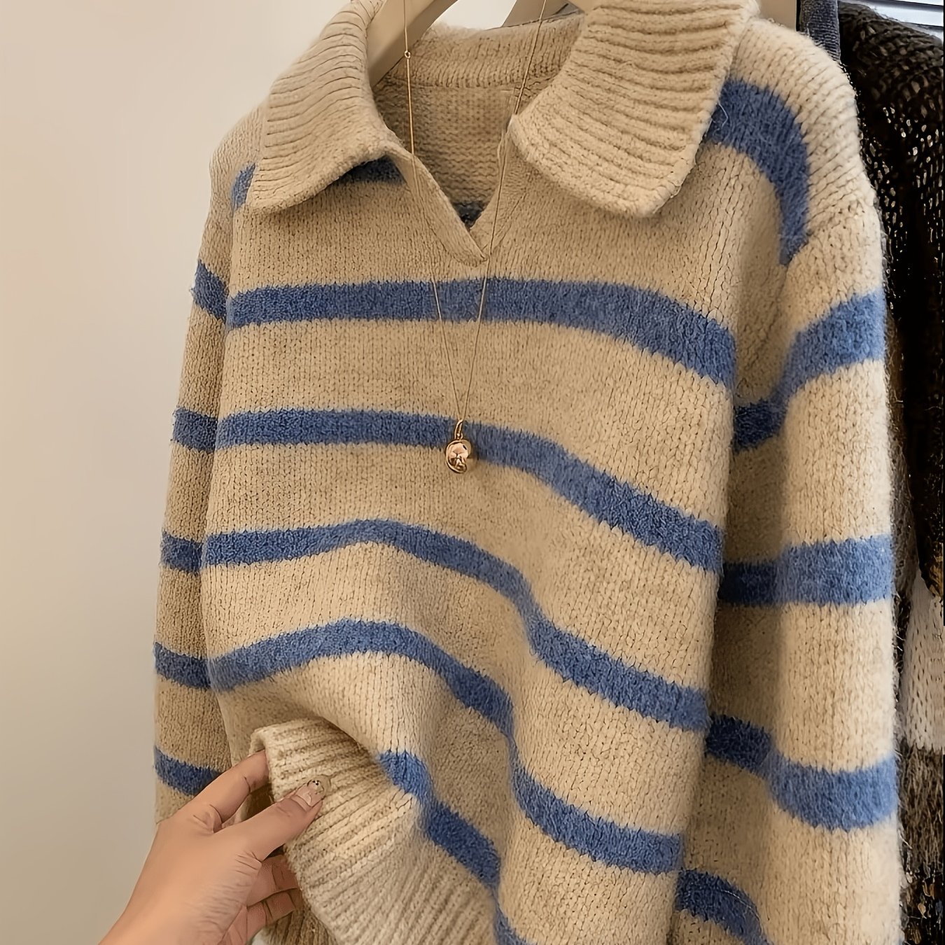 TEMU Casual Fashion Style, Loose Striped Collar Sweater, Soft Loose Drop Shoulder Relaxed Fit, Large Lapel Small V-neck Design, Color-block Striped