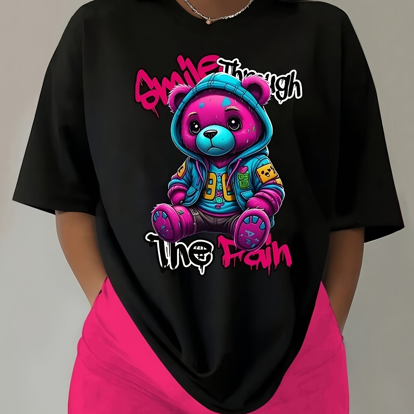 TEMU [ T-shirt Opening] Blue Purple Bear English Print T-shirt, Short Sleeve Casual Round Neck T-shirt, Women's Summer T-shirt