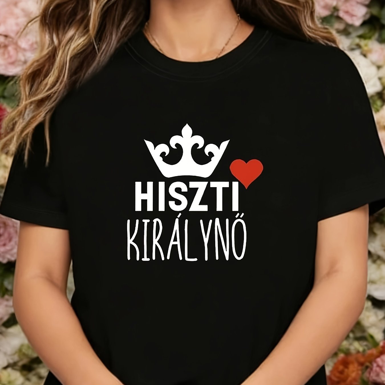 TEMU Women's T-shirt, Hungarian Hiszti Királyn?, "drama Queen" Crown Heart Decoration, Humorous And Letter Print, Women's Black Round Neck