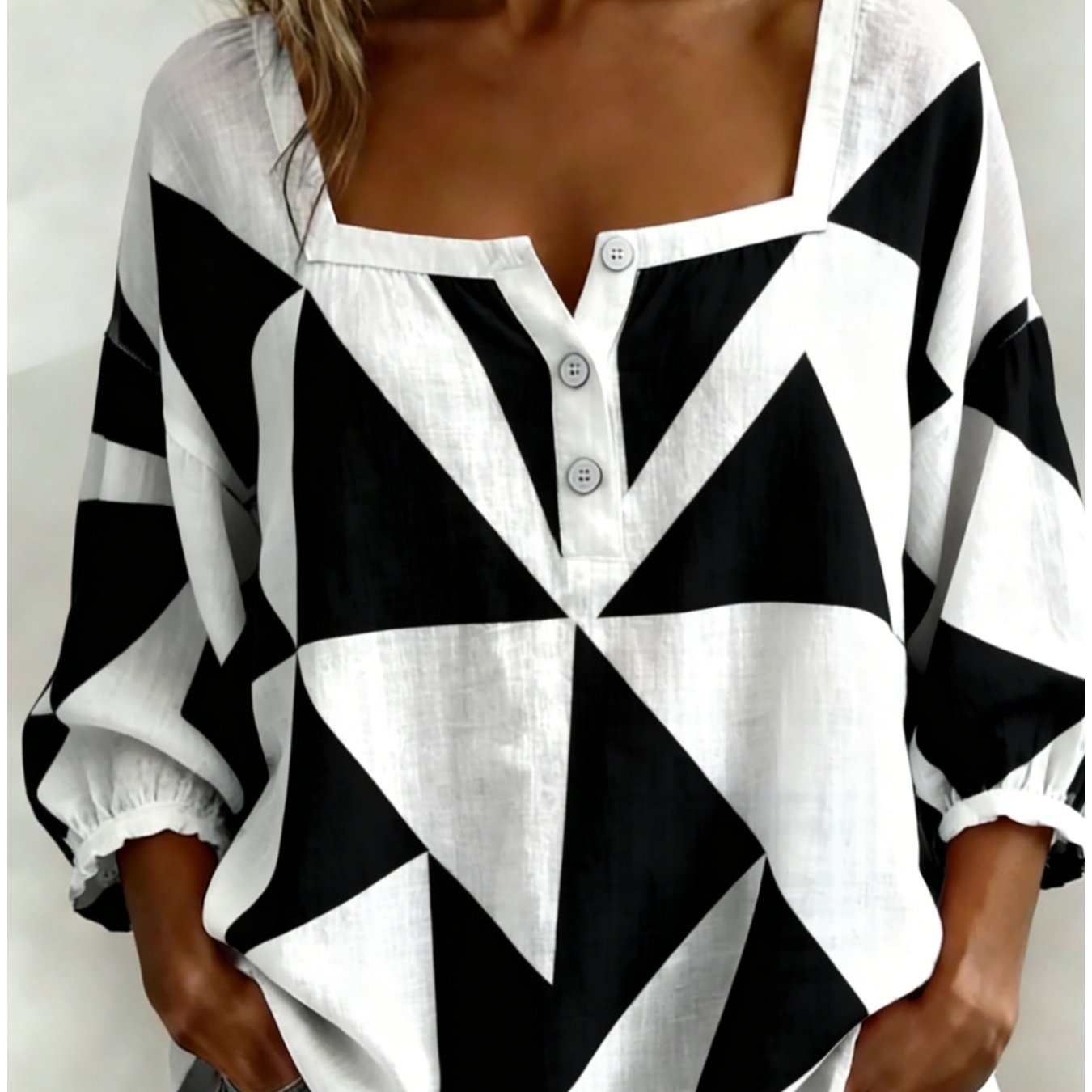 Image of Plus Size - Black Block Irregular Geometric Triangle Contrast All Over Printed Women Square Neck Half Bubble 3 Quarter Sleeve Loose Blouse Cool Minimal Vacation Vibe Relaxed Versatile Daily New