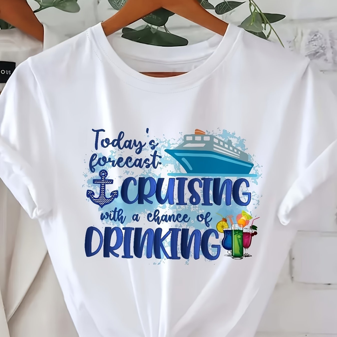 TEMU Plus Size, Plus Size - Cruising With A Of Drinking Graphic Tee Fun Casual Wot-shirt With Nautical Theme, Featuring Regular Fit And High
