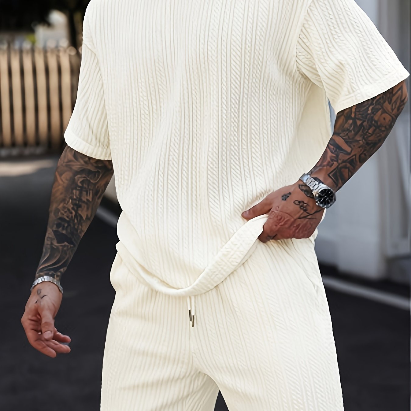 's Leisure Set - Textured Jacquard - Stylish And Versatile - Short Sleeve And Shorts Set