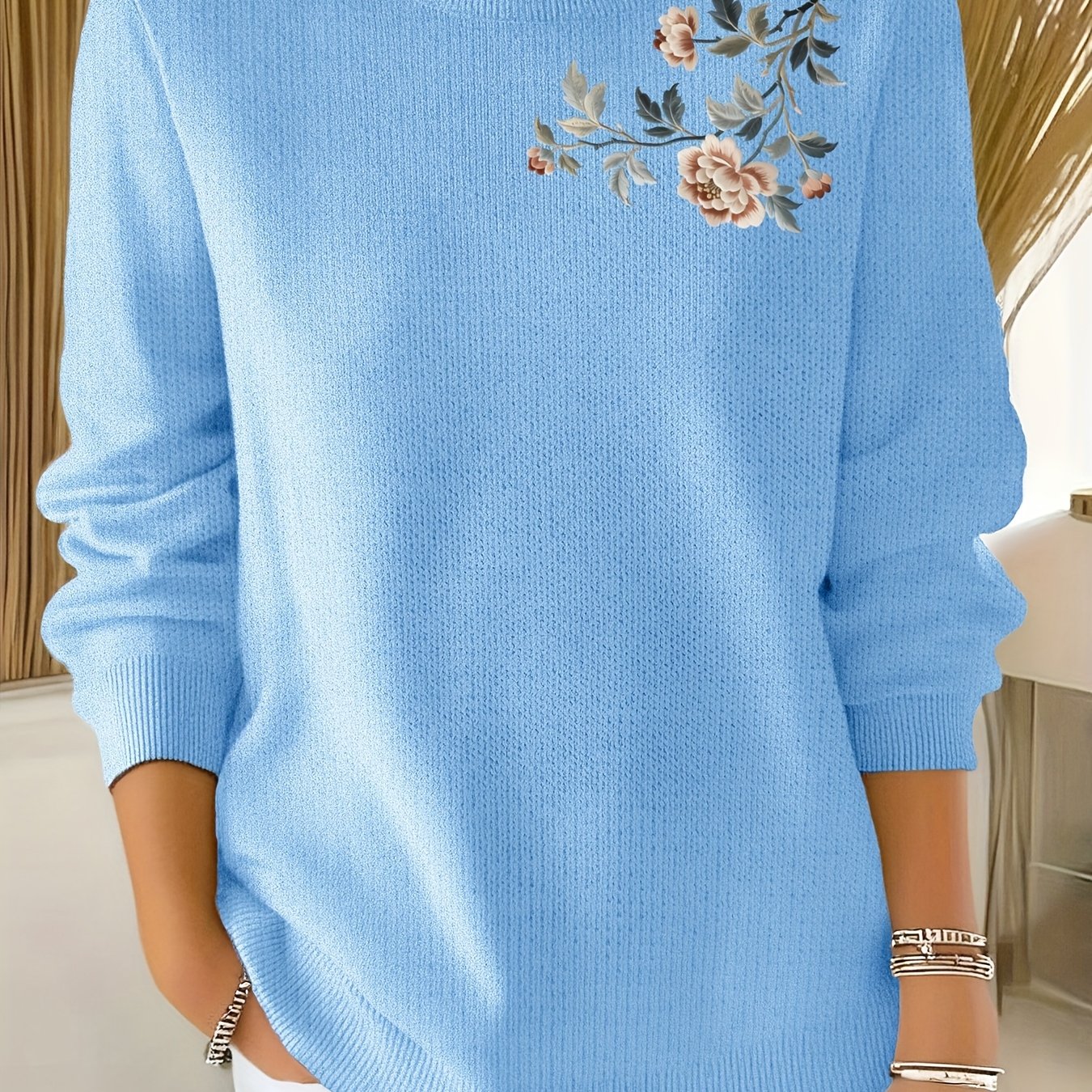 TEMU 2d Printed Embroidery-like Women's Commuter Versatile Fine Sweater, Comfortable Fabric, Long Sleeve Sweater With "flower Embroidery" Pattern