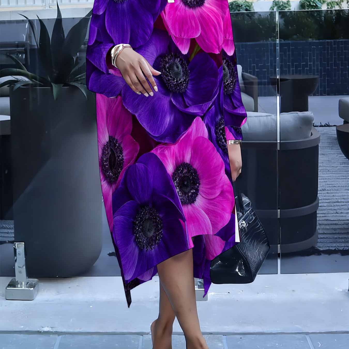 Plus Size, Floral Size Loose Hoodie For Women Elegant Pullover Vibrant Abstract Floral Print Sweatshirt.