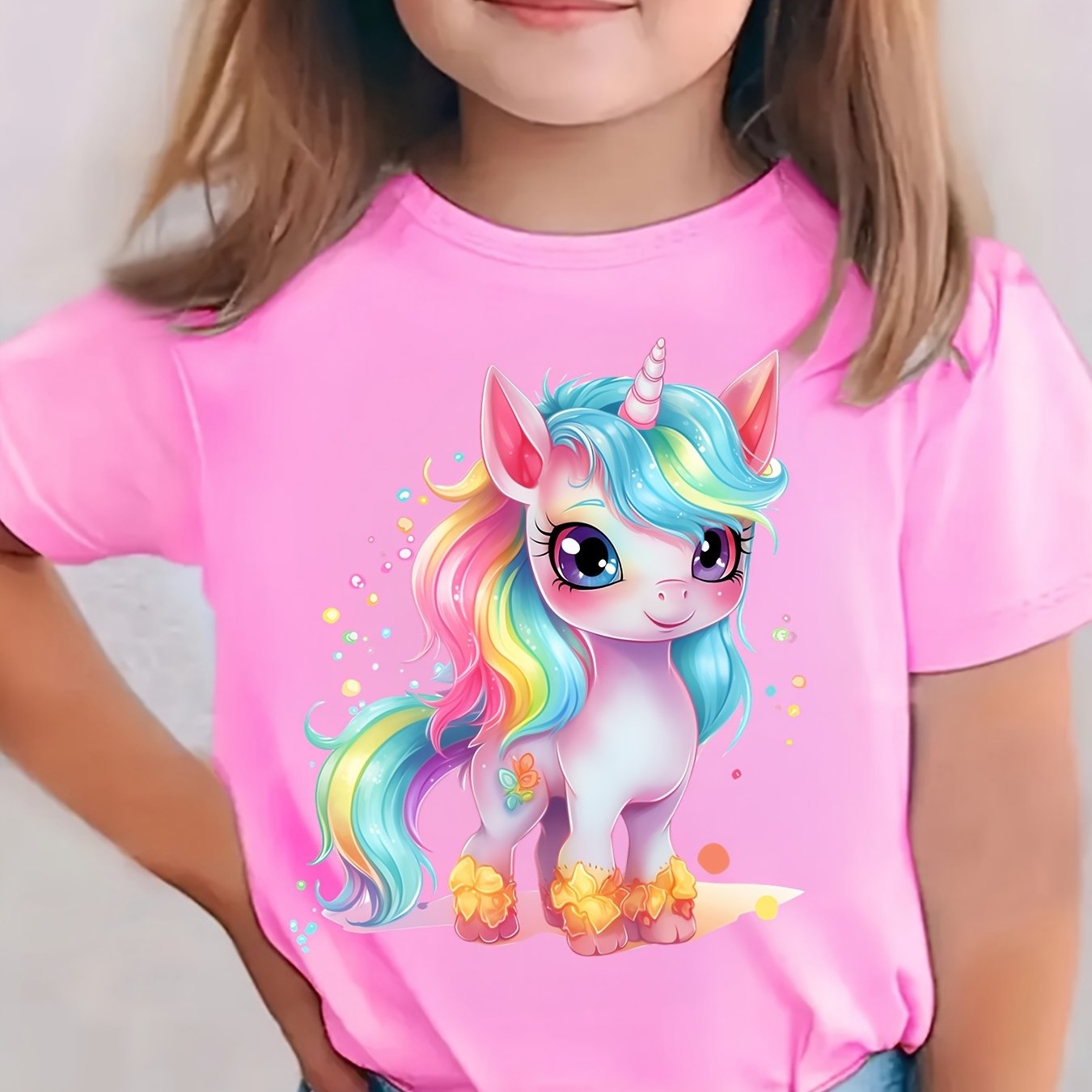 Summer Fashion Girls' Short Sleeve T-shirt With Cute Unicorn Cartoon Top Nydx4027