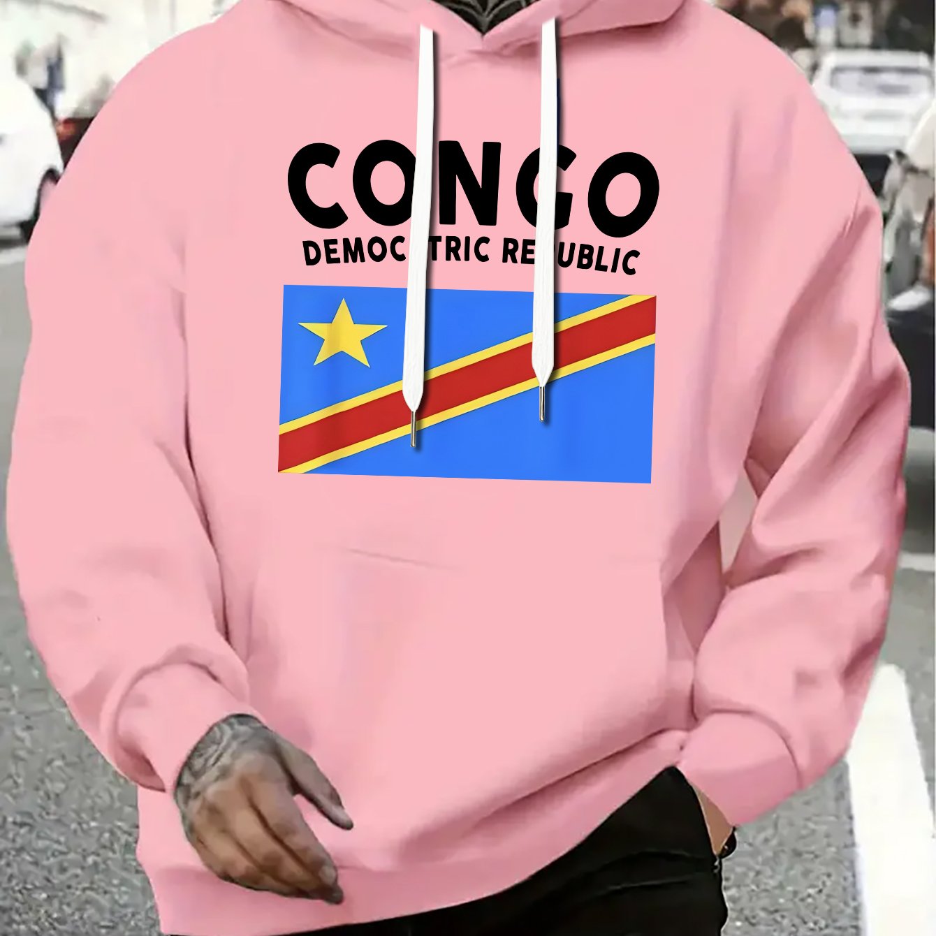 TEMU Men's Casual Versatile Stylish Hoodie Featuring A "democratic The Congo" Graphic Print - A Relaxed Pullover With A Kangaroo Pocket, Made From