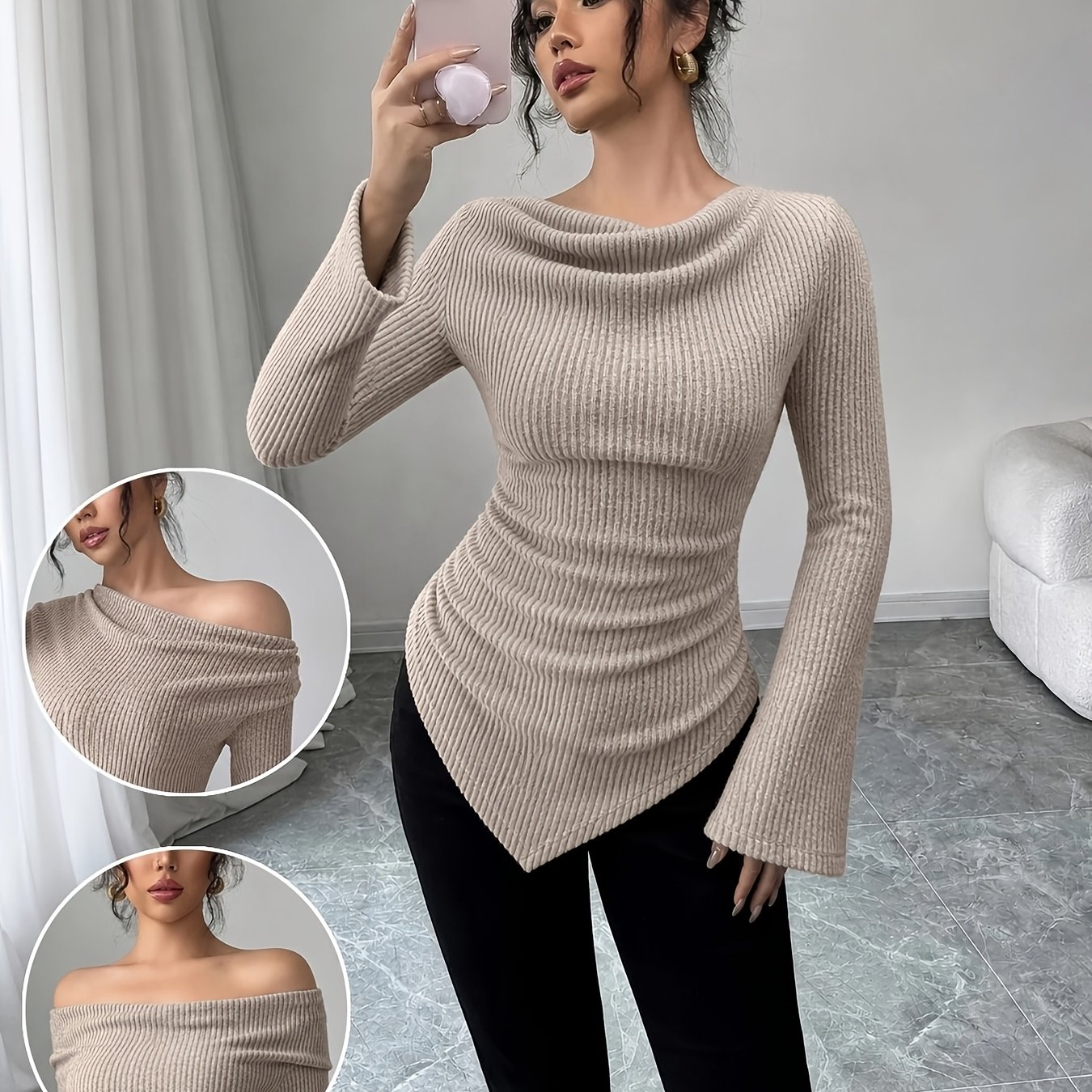 TEMU Wy260611108 Draped Swing Neck Vertical Ribbed Flared Long Sleeve Top, Slim Fit With Waist Definition, Asymmetric Diagonal Hem Base Layer, Mature