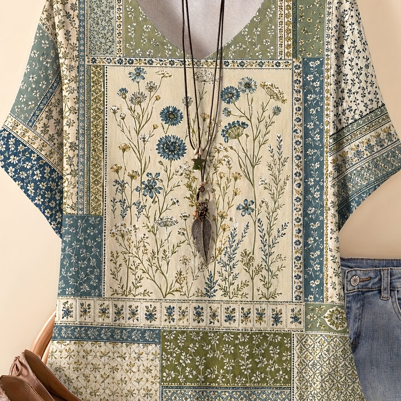 TEMU Plus Size - Plus Size - Plus Size Women's T-shirt Floral Pattern With Blue And Green Accents High Elasticity And Floral Short-sleeved T-shirt,