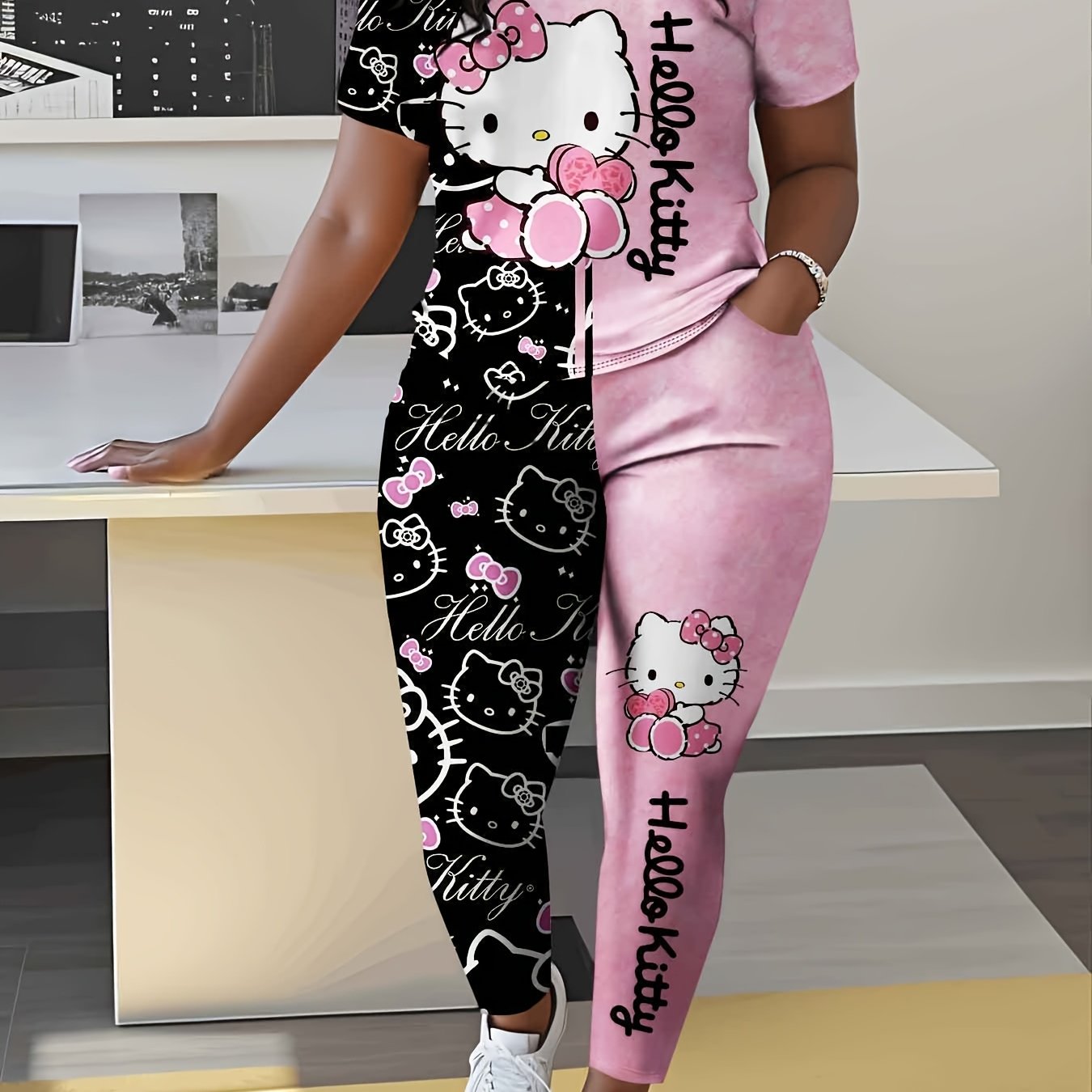 Set Of Size For Hello Kitty 3d Printed Women's T-shirt And Long Pants, Featuring Cartoon Pattern Prints With A Short Sleeve Top And Long Pants, Perfect For A Casual , Ideal As A Gift For Enthusiasts