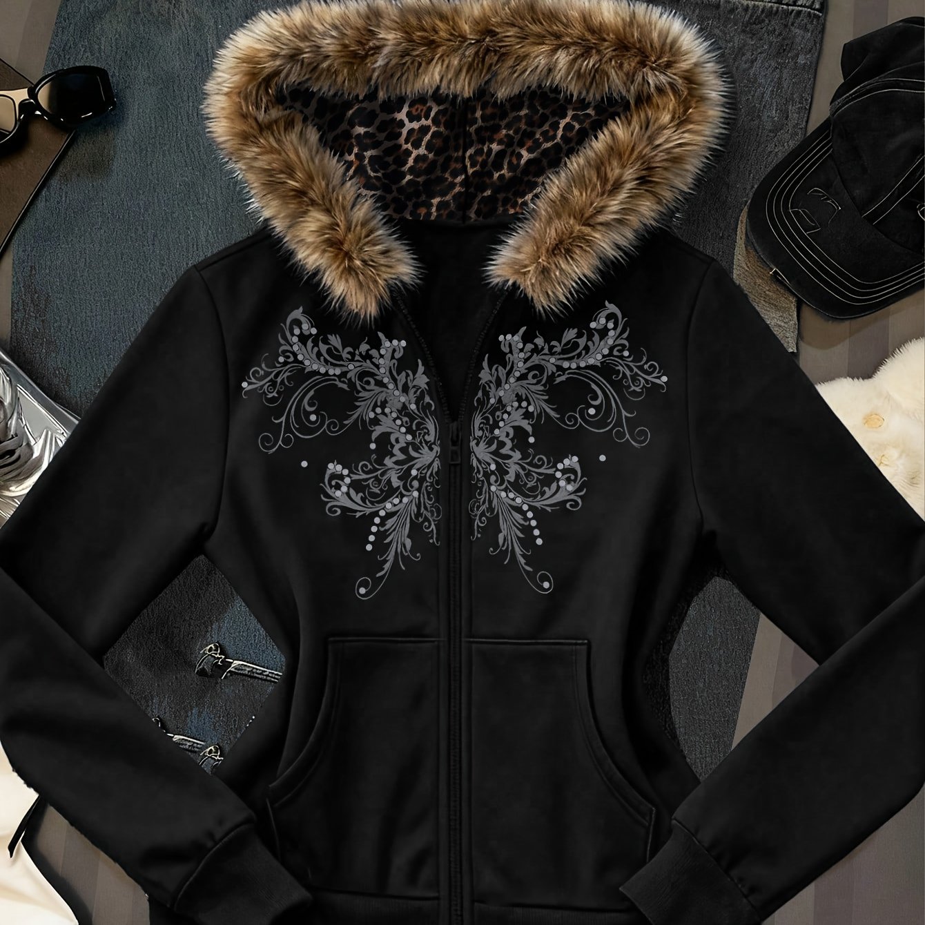 TEMU Women's Fashion Leopard Print Zip-up Hooded Jacket, Print Hooded Fleece Sweatshirt, Autumn/winter Trendy Hooded Jacket, Wild All-match Fashion,