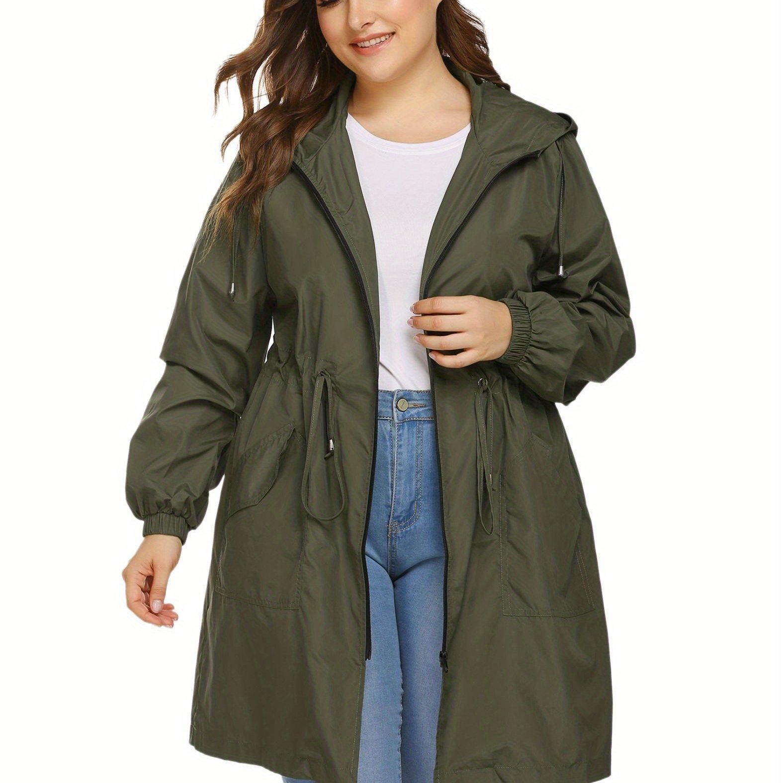 TEMU Elesol Women's Plus Size Rain Jackets - Long Lightweight Hooded Windbreakers, Jackets With Pockets