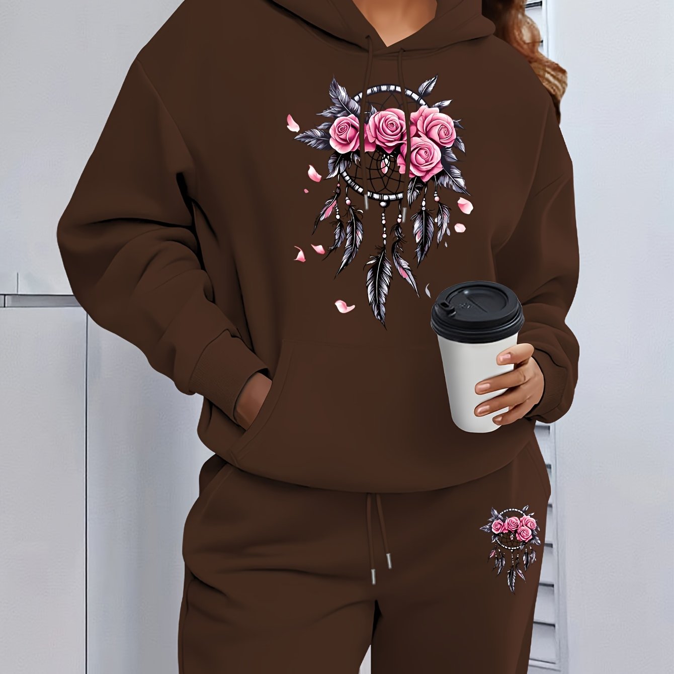 TEMU Standard Size Hooded Sweatshirt And Joggers Fishnet Floral - Comfortable, Stretchy Fabric, Suitable For Casual Wear