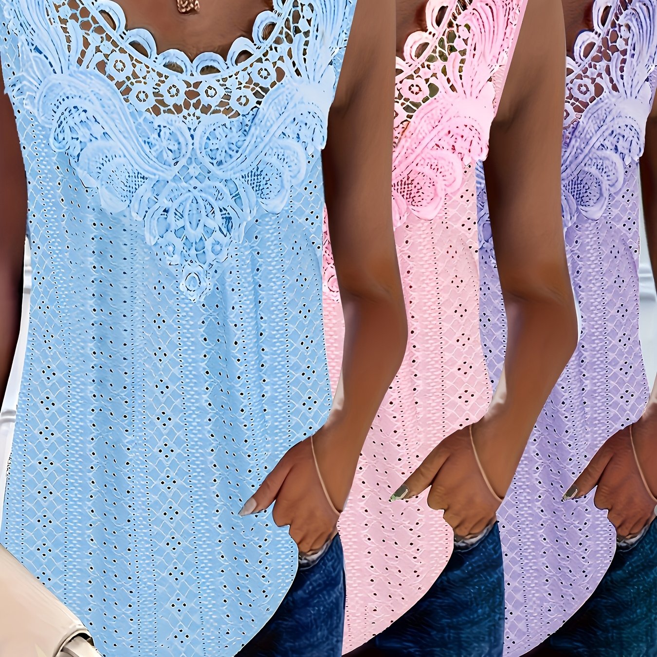 TEMU Plus Size, Women's Plus Size 3pcs Tank Top Set, Elegant Party Fashion, And Comfortable Jacquard Fabric With Lace Trim Design, Sleeveless Top And
