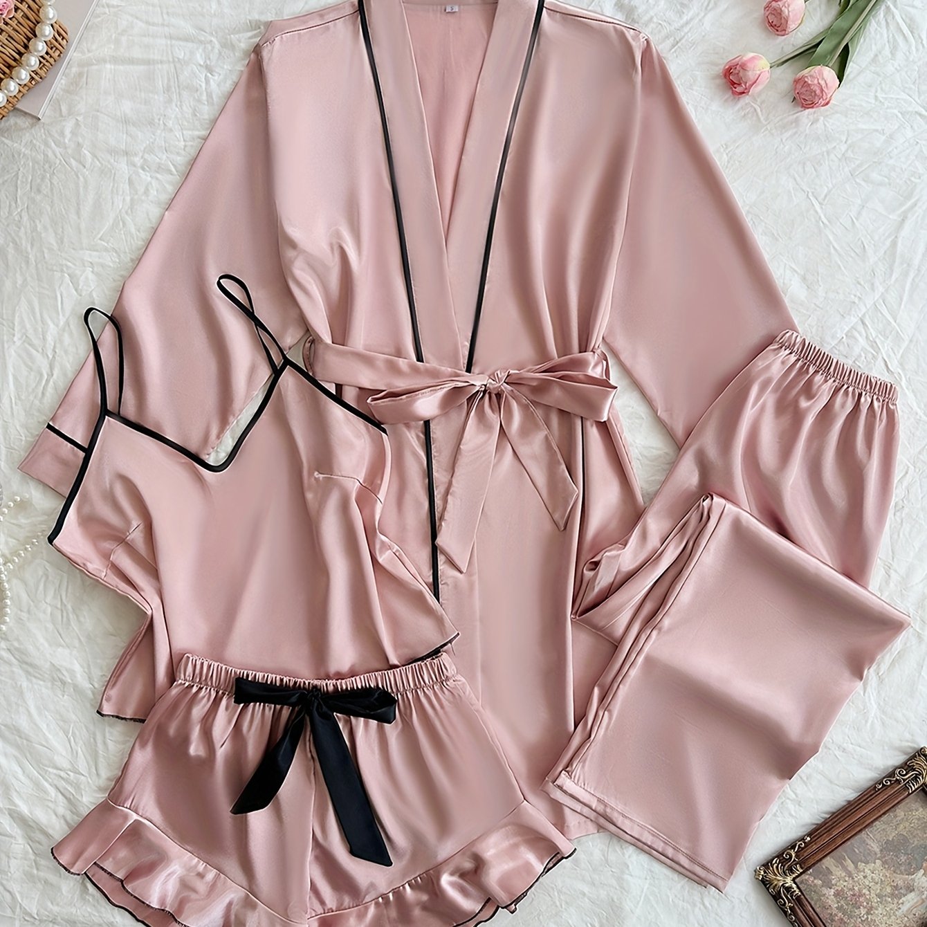 E-shop 4-teiliges Damen-Pyjama-Set, Stylischer und Bequemer Minimalistischer Bademantel für Alle Jahreszeiten