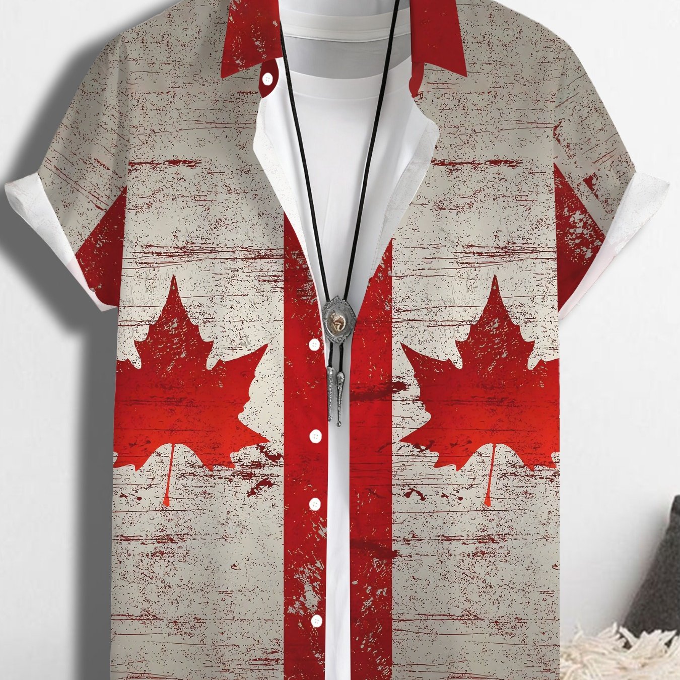 TEMU Chemise Vintage à Manches Courtes pour Homme avec Imprimé Feuille d'Érable, Idéale pour une Tenue Décontractée de Fêtes et Célébrations d'Été