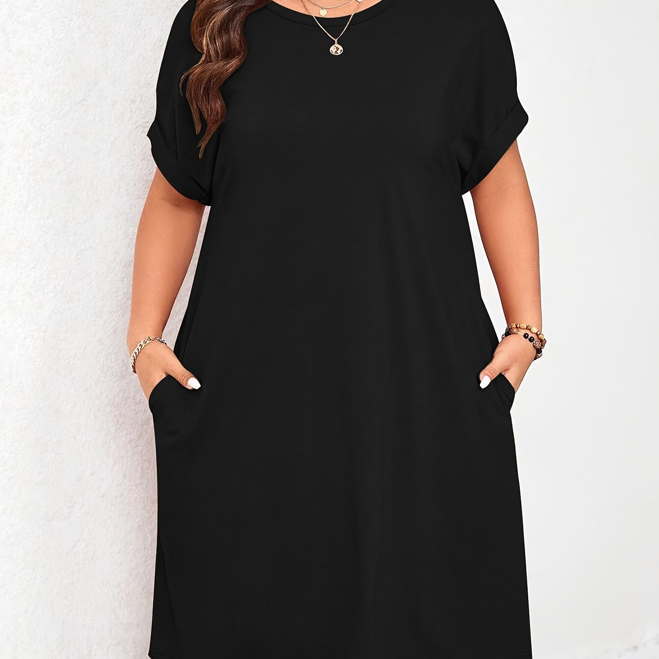 TEMU Plus Size - Plus Size - Women's Plus-size Summer Knee-length Solid Color Round Neck Short Sleeve T-shirt Dress