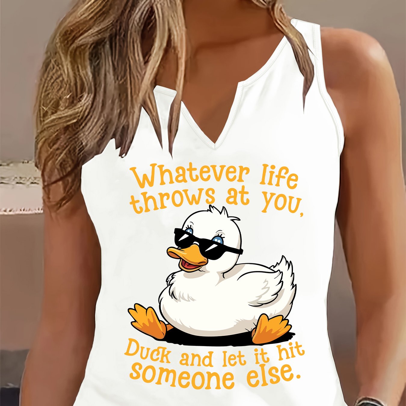 TEMU Fashionable Women's Tank Top With A Refreshing Design, Featuring Fun Glasses And A Duck Print, A V-neck Sleeveless Top With Trendy Text