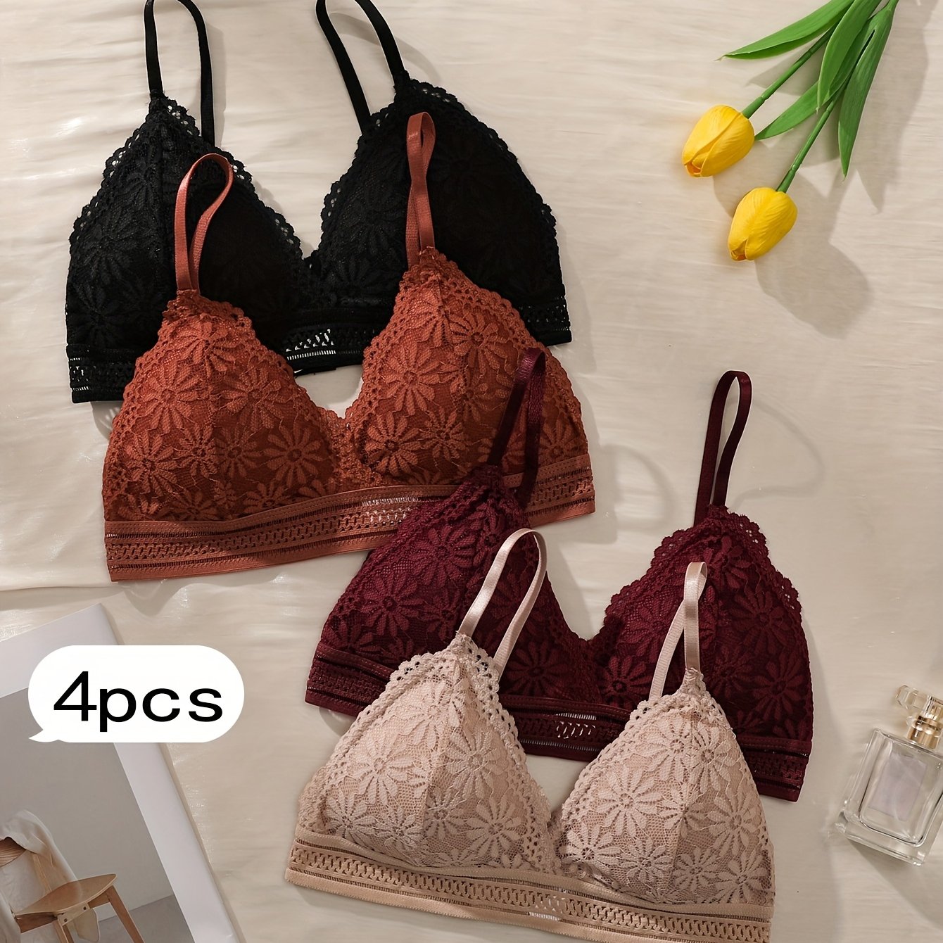 E-shop 4er-Set Blumen Spitzen-BHs, Kabellose Bequeme Atmungsaktive Damen Unterwäsche für Freizeit Dates